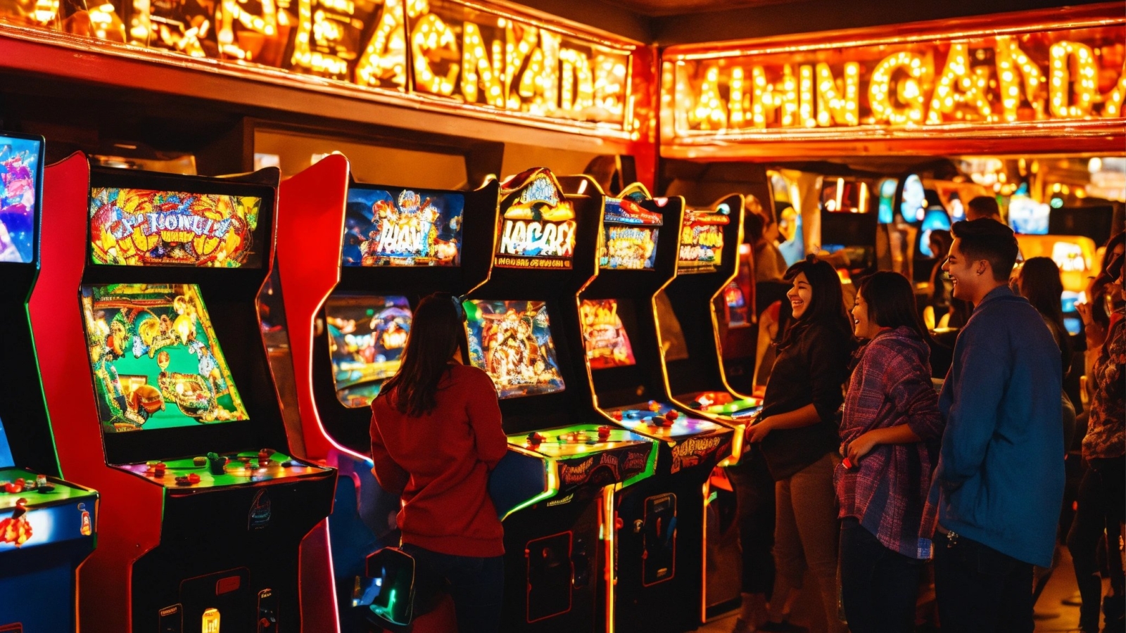 A photo of a group of people playing arcade games. (3)